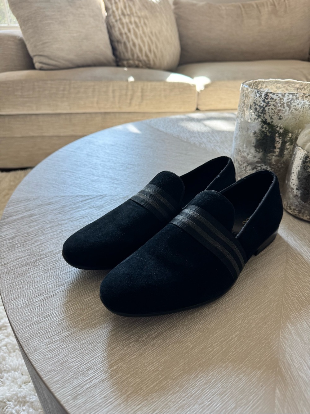 Aldo Black Suede Slip-On Loafers with Striped Band
